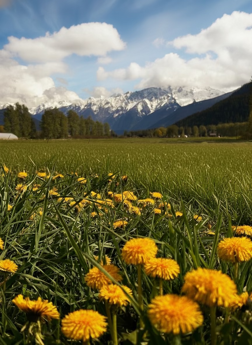 Field of dandelions with mountains and clouds in the background